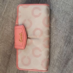 Coach Monogram Lettering snap closure pink and tan card wallet
